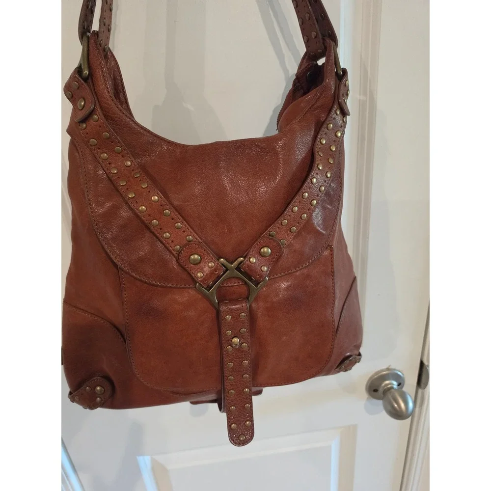 Koba Cognac Brown Leather Studded Hobo Shoulder Bag Brass Hardware Boho